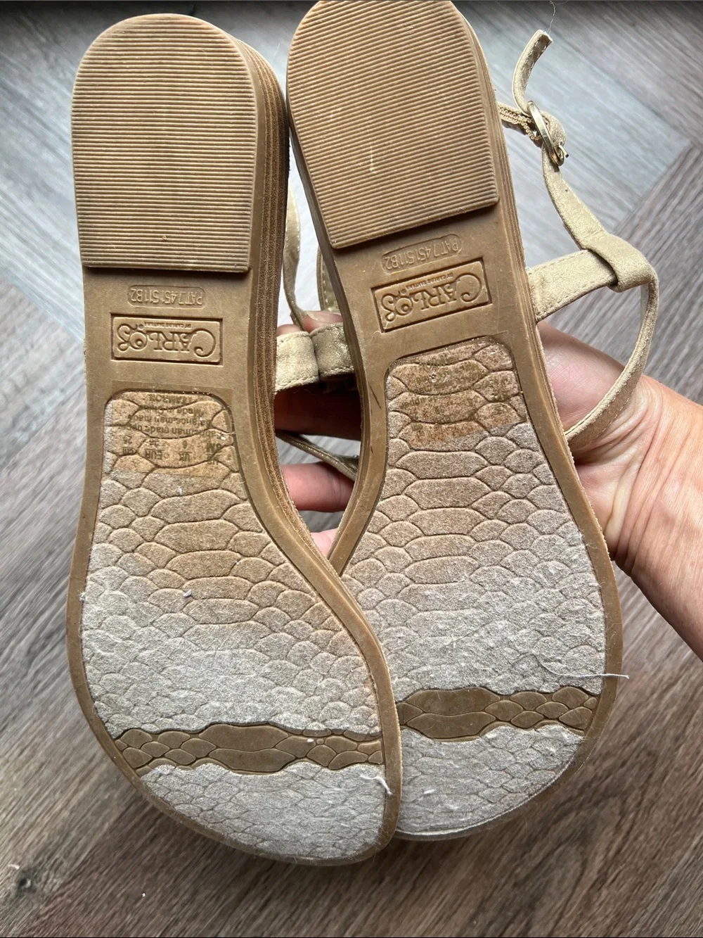 Gold Embellished T-Strap Sandals with Crystal Accents Size 8M
